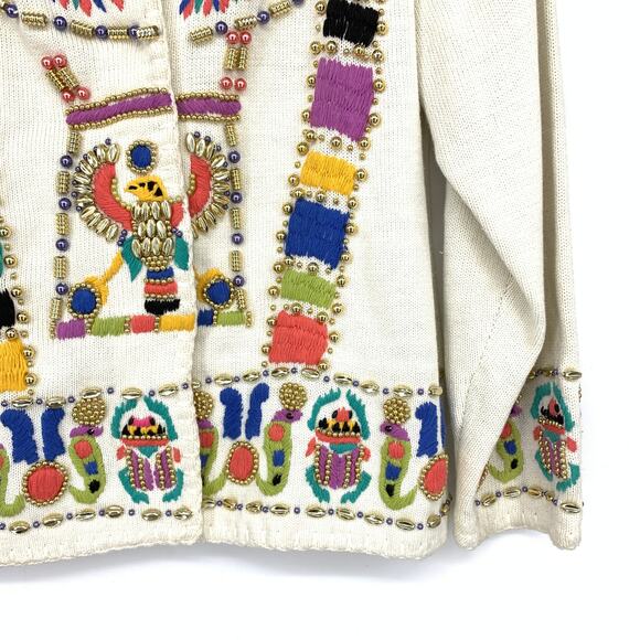 Vintage Michael Simon Cardigan Sweater Sz 1X Embroidered Beaded Mayan Design - Picture 4 of 8